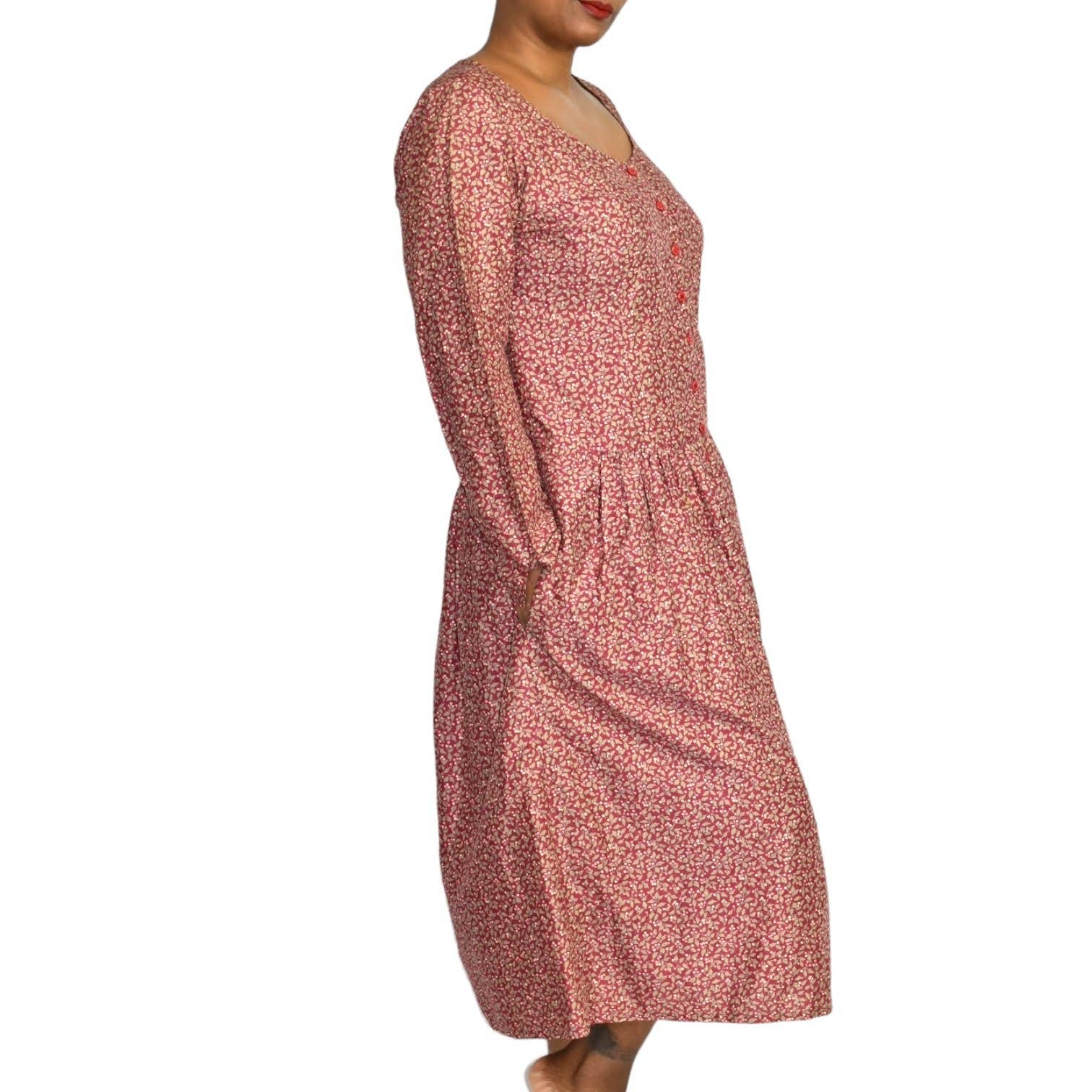 Vintage Cacharel Prairie Dress Maxi Red Floral Ditsy Cotton Sack Modest Size Medium