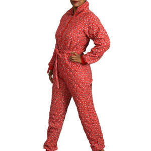 Vintage Quilted Jumpsuit Pajamas Loungewear Red Floral Calico GCaserotti Size XS