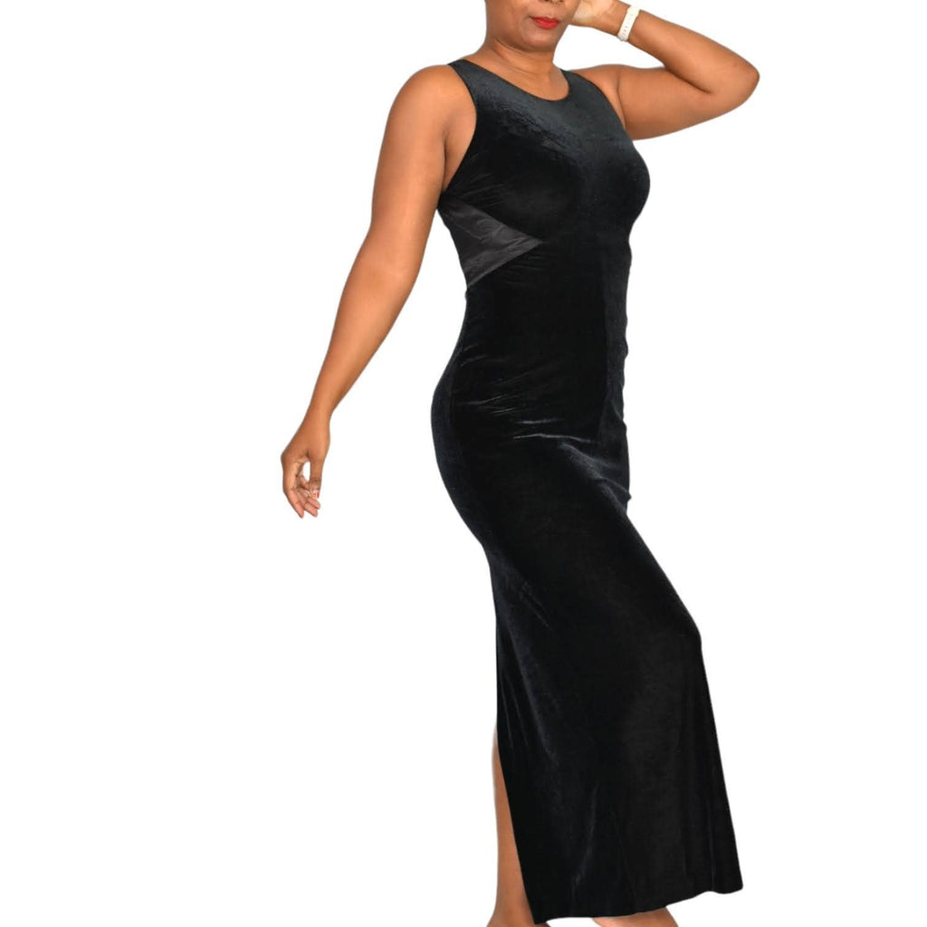 Rhapsody Velvet Maxi Dress Black Vintage Satin Sheer Column Straight Stretch 90s Bodycon Size 4