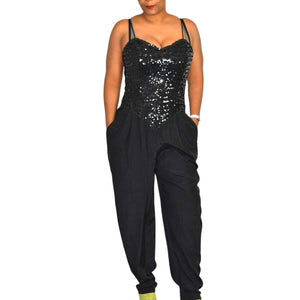 New Leaf Vintage Sequin Jumpsuit Black Sweetheart Tapered Yoke Pleated Pants Pantsuit Size Small