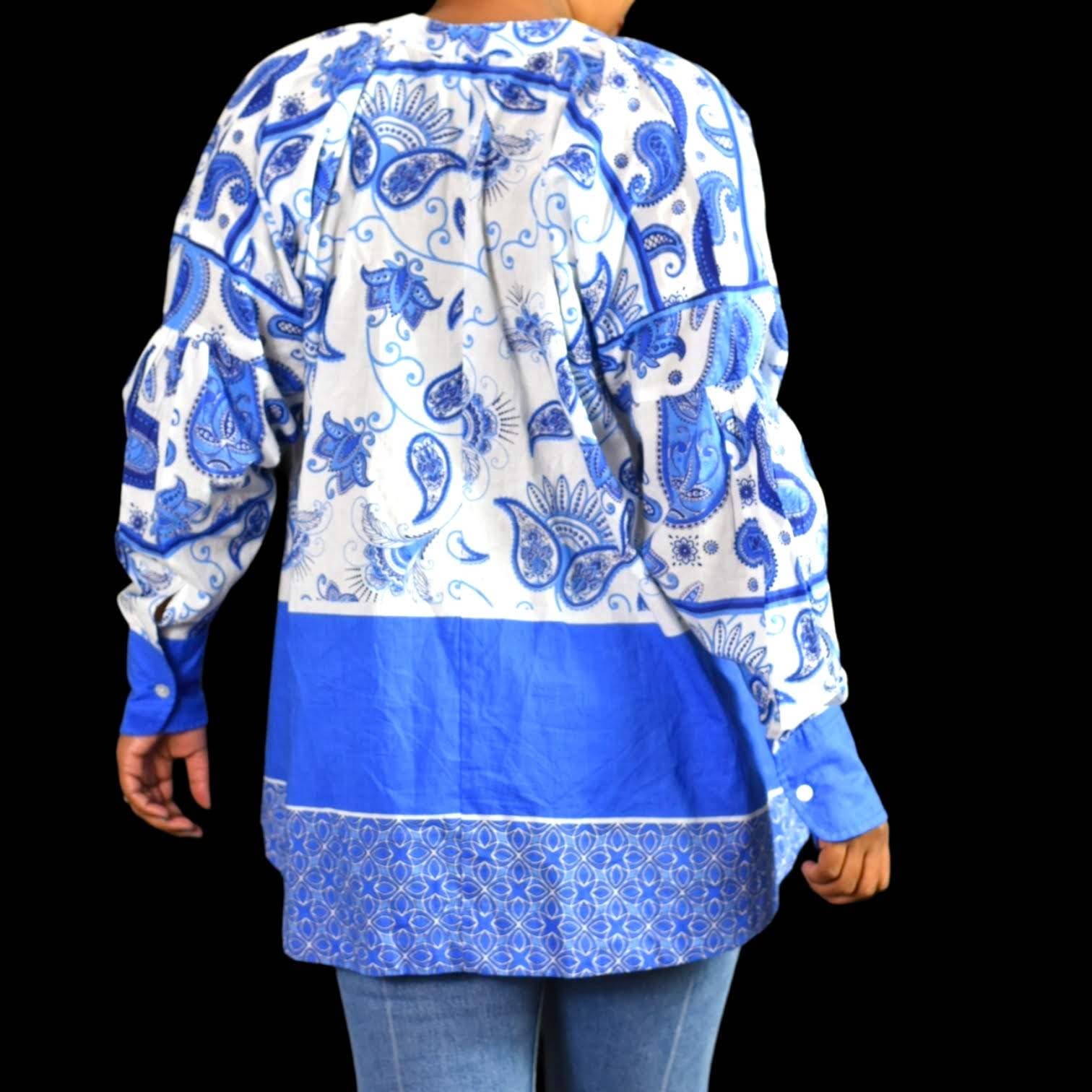 Ros Garden Jackson Top Blue Tunic Shirt Block Paisley Print Long Sleeve Size Small
