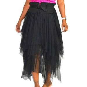 Tulle Mesh Midi Skirt Black Sheer Asymmetrical Elastic Waist Tiered Size 6 Robin