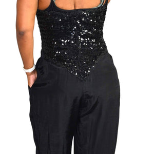 New Leaf Vintage Sequin Jumpsuit Black Sweetheart Tapered Yoke Pleated Pants Pantsuit Size Small