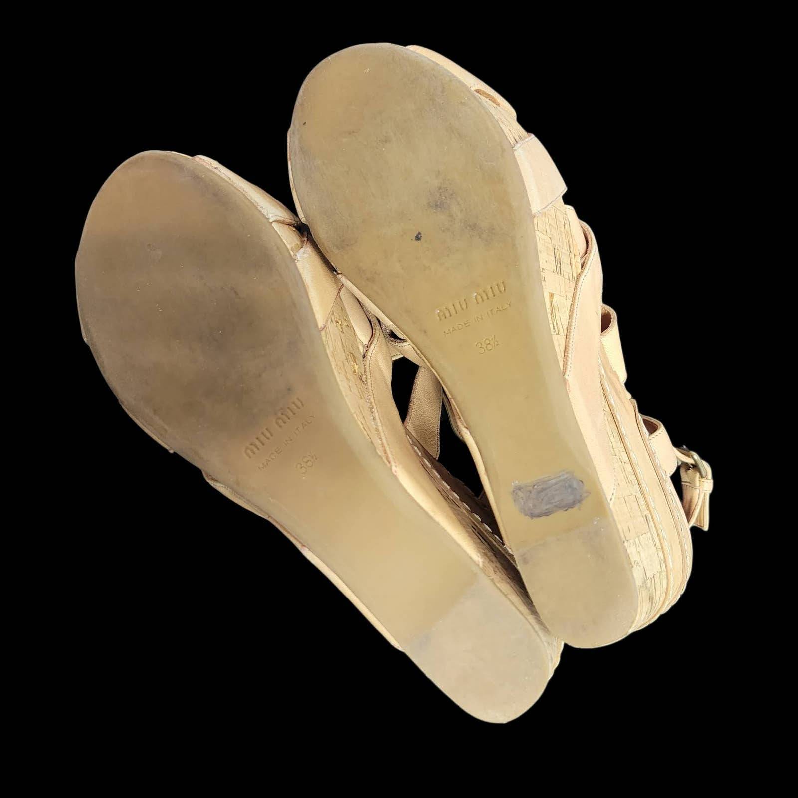 Miu Miu Platform Sandals Chunky Cork Wedge Heel Tan Leather Open Toe Size 8.5