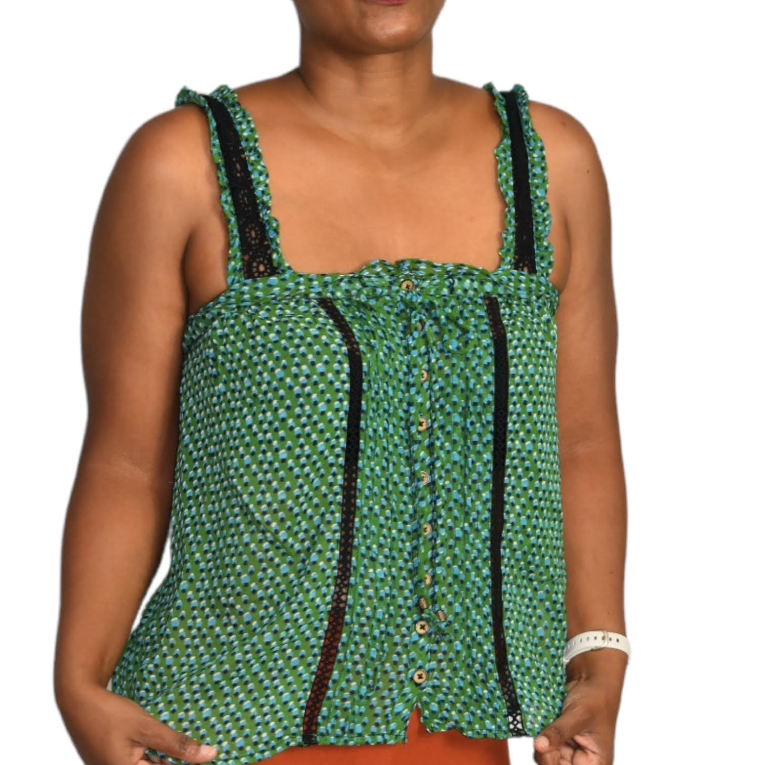 Anthropologie Bardot Tank Top Green Printed Sheer Chiffon Crochet Blouse Size 2