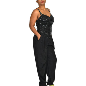 New Leaf Vintage Sequin Jumpsuit Black Sweetheart Tapered Yoke Pleated Pants Pantsuit Size Small