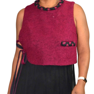 Vest Overlay Midi Dress Red Black Ties Braided Collar Sleeveless Sheer Size Small