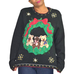 Ugly Christmas Sweater Vintage Teddy Bears Wreath Embroidered Knit Holiday Size XL BP Design