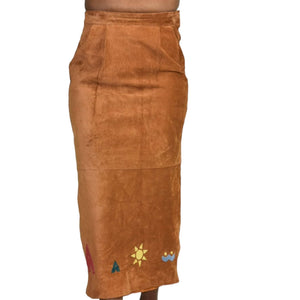 Eagles Eye Suede Skirt Embroidered Vintage Straight Column Midi Tribal Leather Brown Camel Size 2 XS