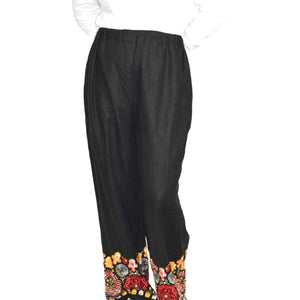 Black Embroidery Hem Pants Linen Elastic High Waisted Straight Leg Size Medium