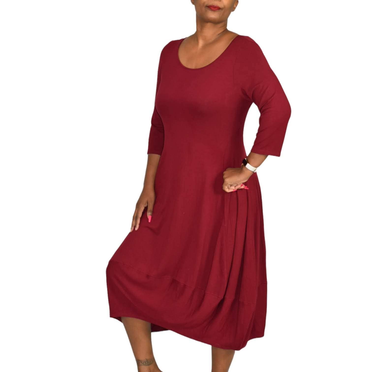 Eileen Fisher Lantern Hem Dress Jersey Knit Midi Bubble Red Stretch Size Medium