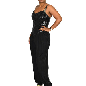 New Leaf Vintage Sequin Jumpsuit Black Sweetheart Tapered Yoke Pleated Pants Pantsuit Size Small