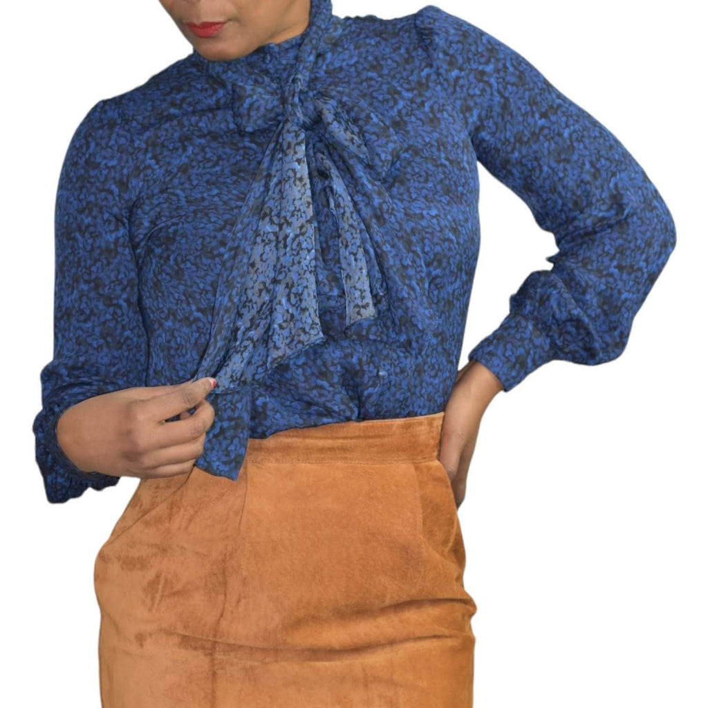 Alice + Olivia Tie Neck Blouse Pussybow Shirt Dark Blue Print Satin Top Size XS