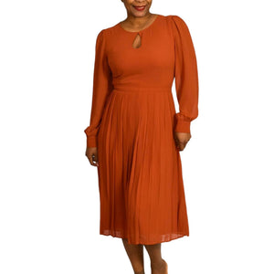 Modcloth Midi Dress Rust Keen on Pleats Orange Sheer Chiffon Secretary Retro Size 6