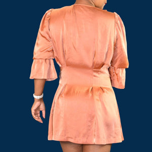 Ramy Brook Satin Mini Dress Orange Shirtdress Button Front Puff Sleeve Size Small