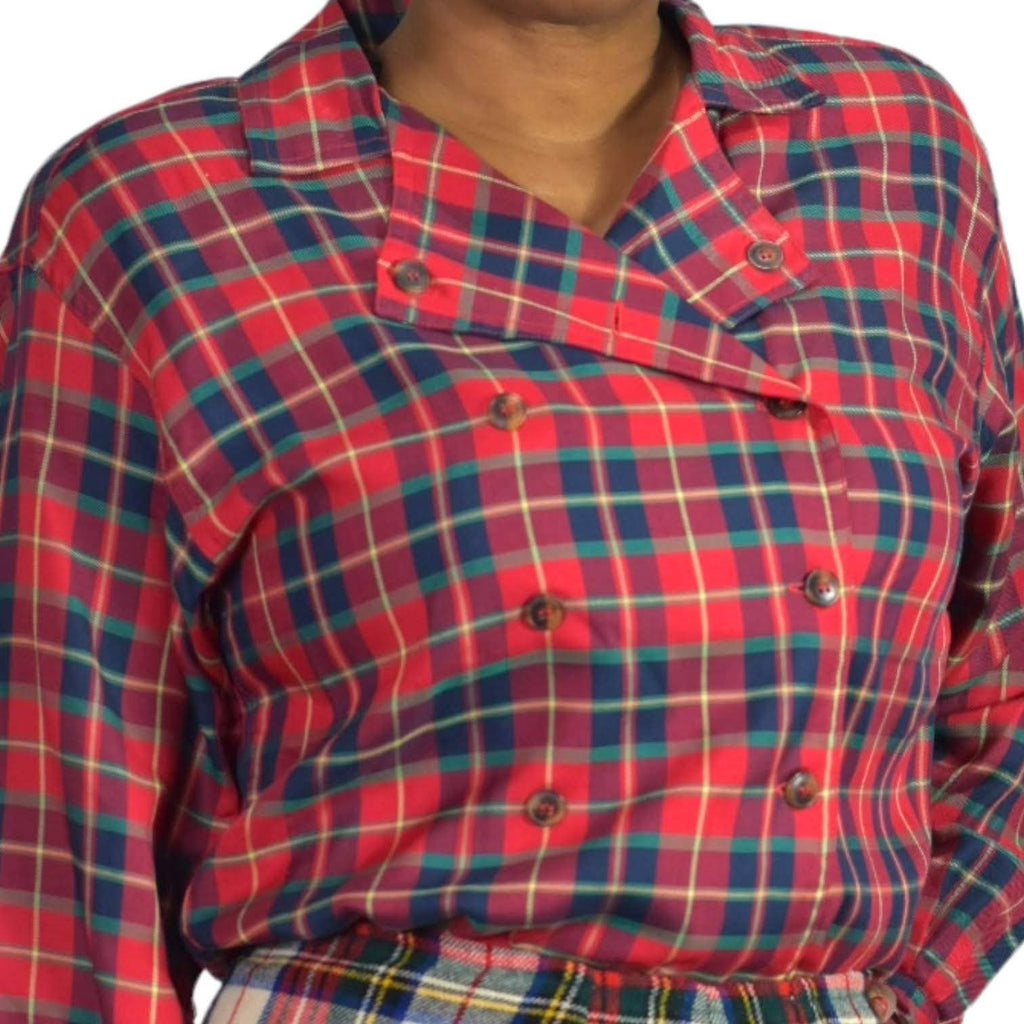 Vintage Tartan Shirt Red Double Breasted Tartan Chef Top LizSport Size Small Petite