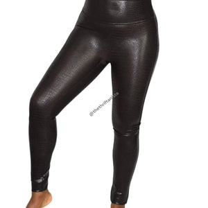 Spanx Faux Leather Croc Leggings Brown Shine High Waist Shaping Slimming Size Small