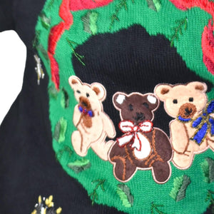 Ugly Christmas Sweater Vintage Teddy Bears Wreath Embroidered Knit Holiday Size XL BP Design