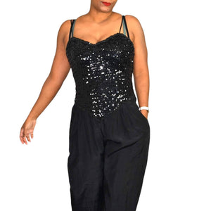 New Leaf Vintage Sequin Jumpsuit Black Sweetheart Tapered Yoke Pleated Pants Pantsuit Size Small