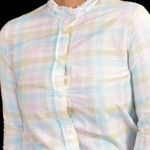 J Crew Ruffle Neck Shirt Classic Fit Voile Pastel Plaid Top Button Front Size 0