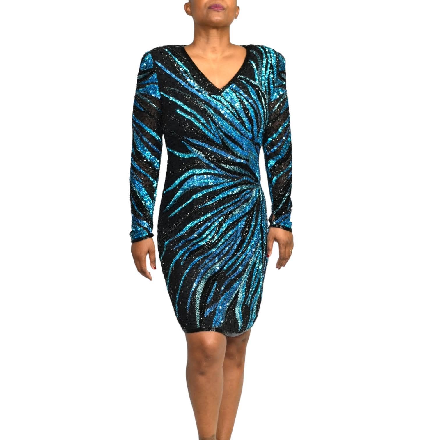 Vintage Sequin Dress Joan Leslie Evening Wear Party Beaded Silk Sheath Size 8