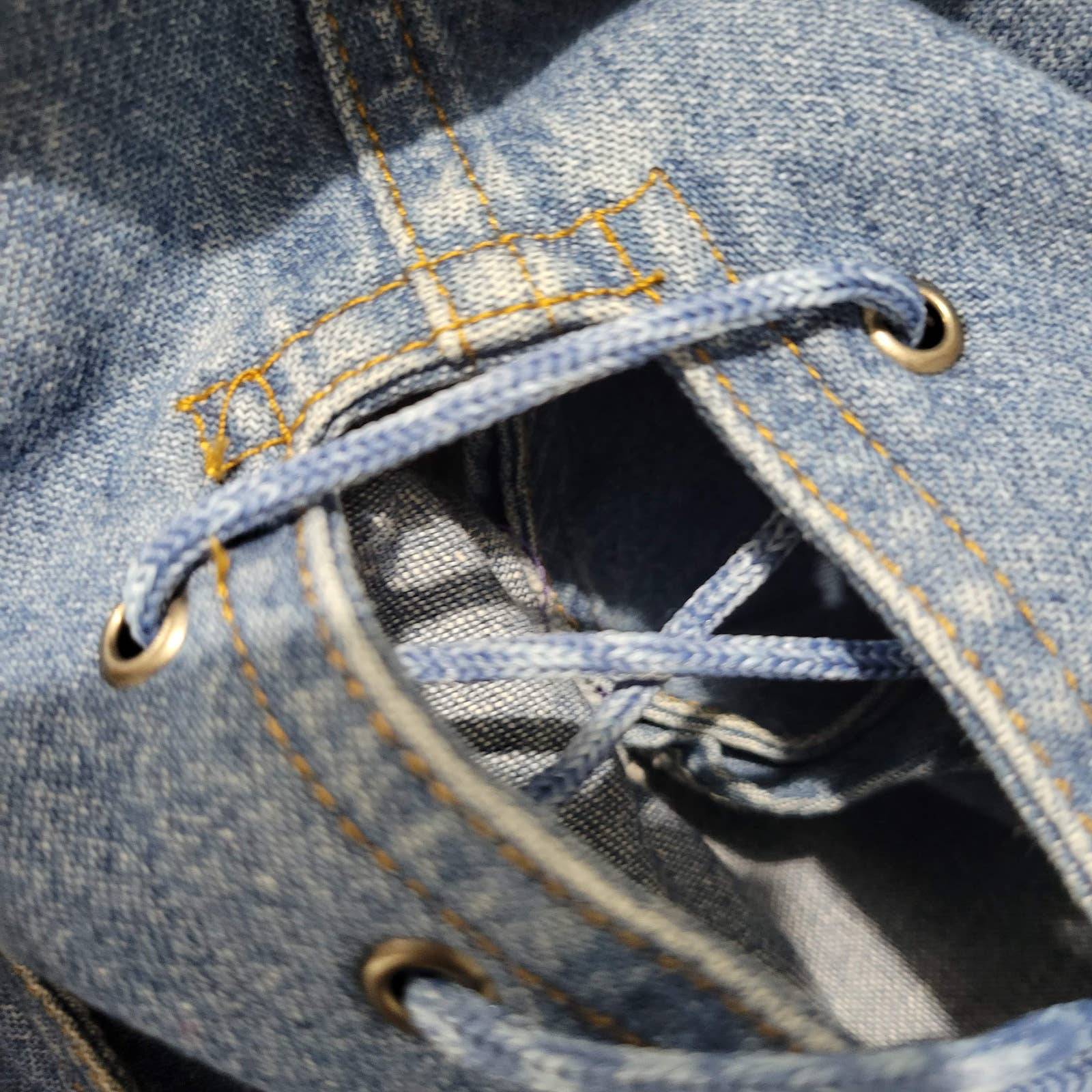 Vintage Denim Romper Jeans Playsuit Shorts Laced Back Cutout Blue Cotton Size XS