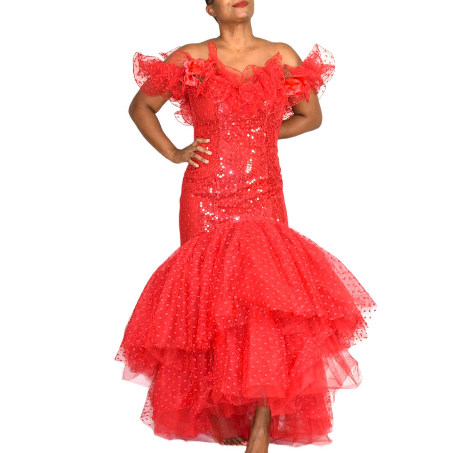 Vintage Sequin Dress Red Mermaid Loralie 90s Prom Tulle Mesh Off the Shoulder Ruffles Size XS 2