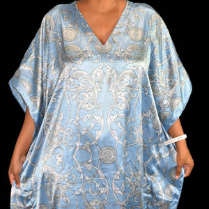 Midnight Velvet Caftan Dress Blue Silver Baroque Silky Muumuu One Size S M L