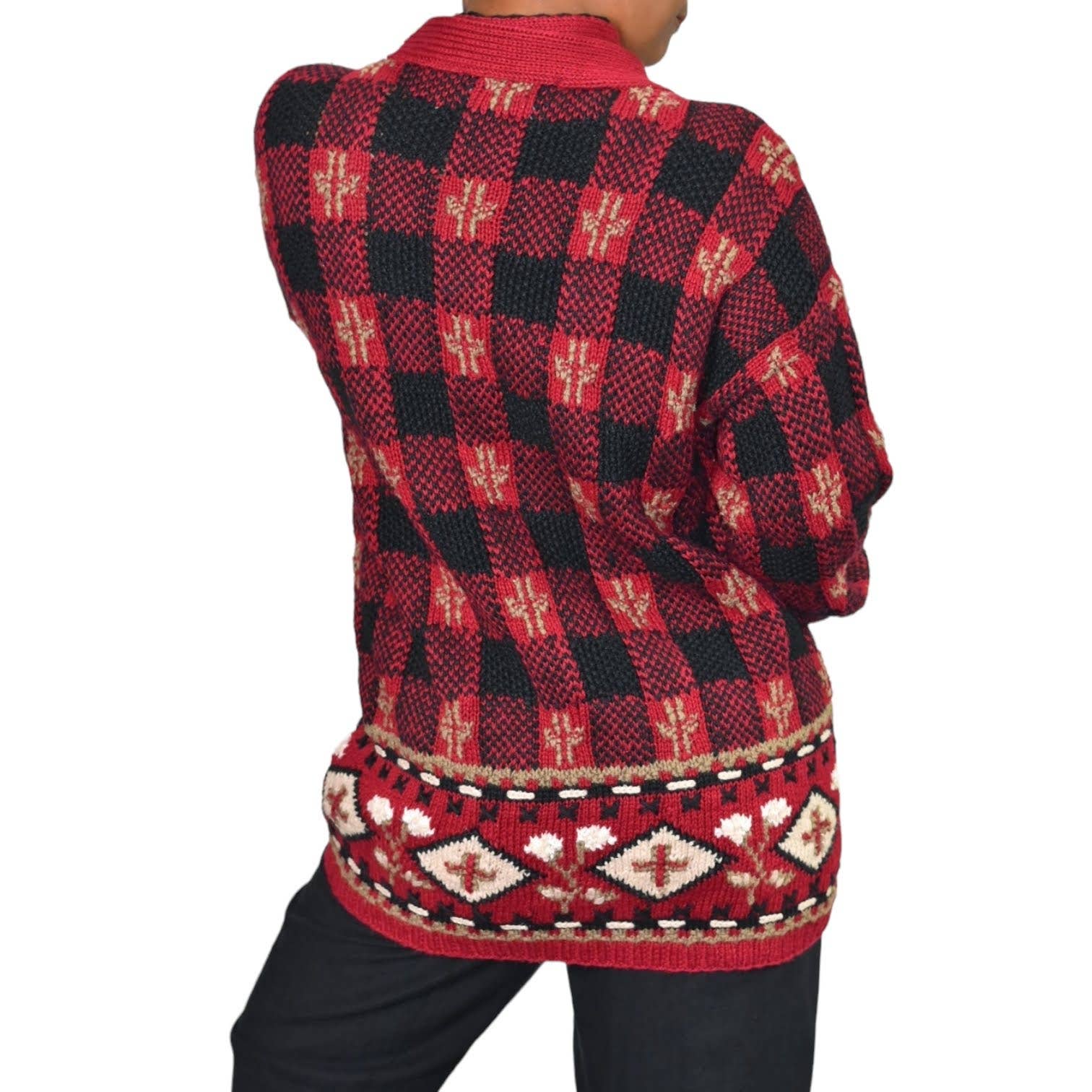 Vintage Ugly Sweater Hand Knit Cardigan Northern Isles Red Chunky Grandma Size Medium