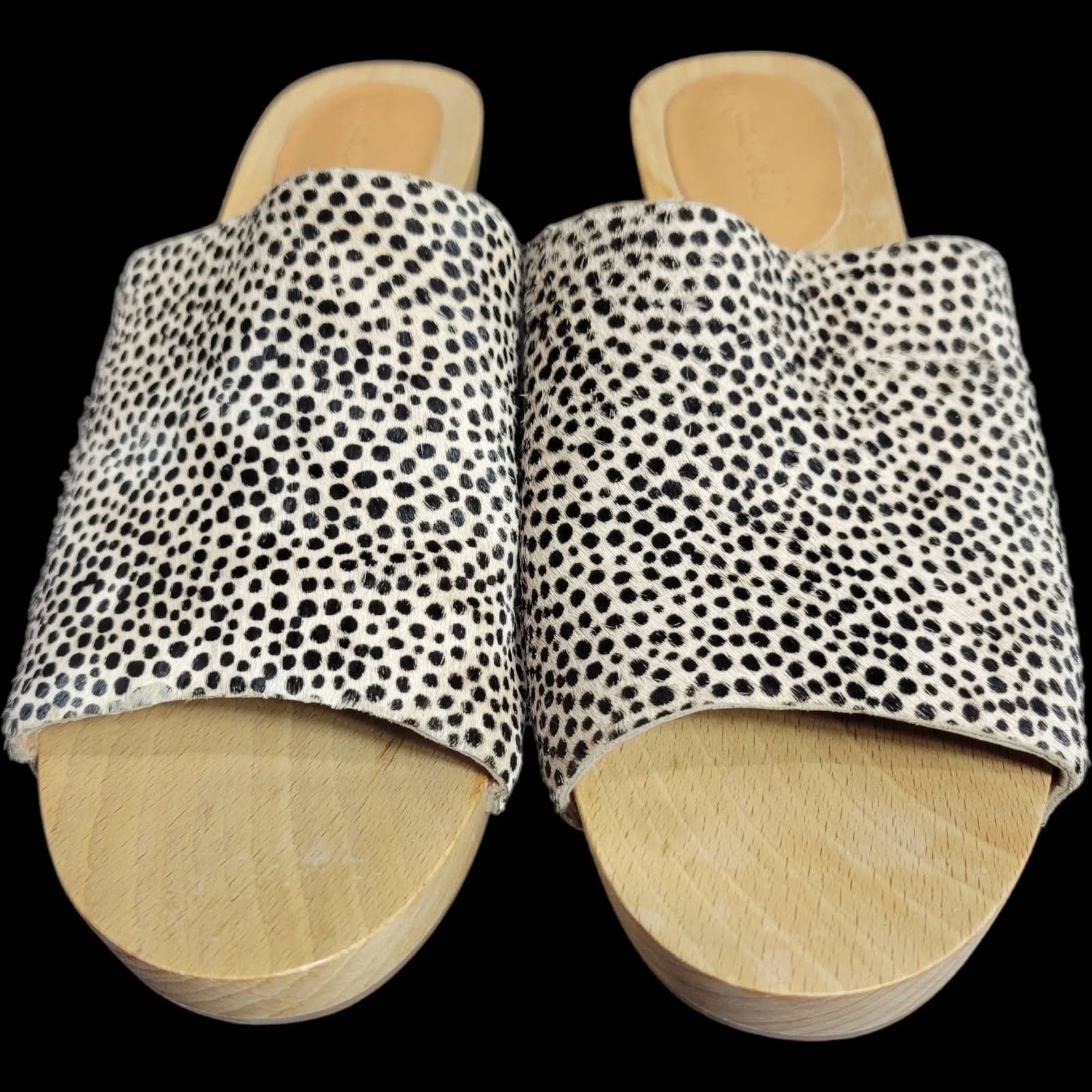 Madewell Evelyn Slide Clogs Chunky Platform Tan Spotted Calf Hair Wooden Heel Mule Size 8