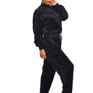 Geoffrey Hunter Sport Vintage Velour Jumpsuit Black Loungewear Tracksuit Drawstring Waist Size Medium