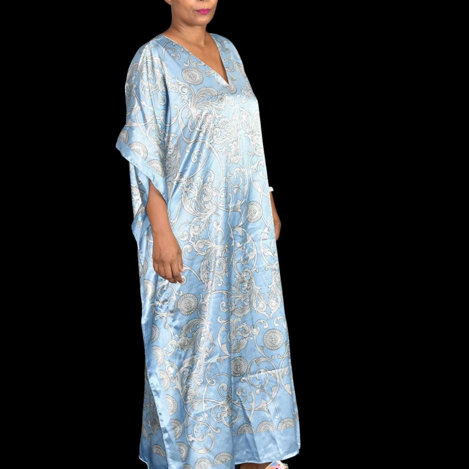 Midnight Velvet Caftan Dress Blue Silver Baroque Silky Muumuu One Size S M L