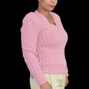 Vintage Pink Sweater Mauve Cottagecore Hand Knit Ribbed V Neck Shoulder Pads Size Small