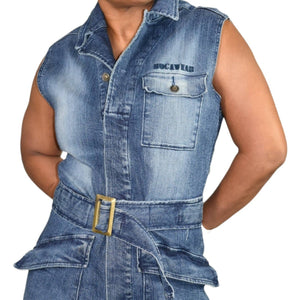 Rocawear Sleeveless Denim Utility Cargo Flight Jumpsuit Stretch Blue Jeans Y2K Size Large