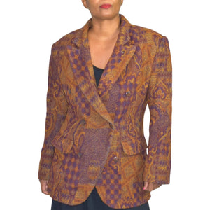 Vintage Papell Blazer Jacket Brown Double Breasted Oversized Printed Size Medium