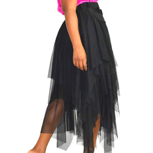 Tulle Mesh Midi Skirt Black Sheer Asymmetrical Elastic Waist Tiered Size 6 Robin