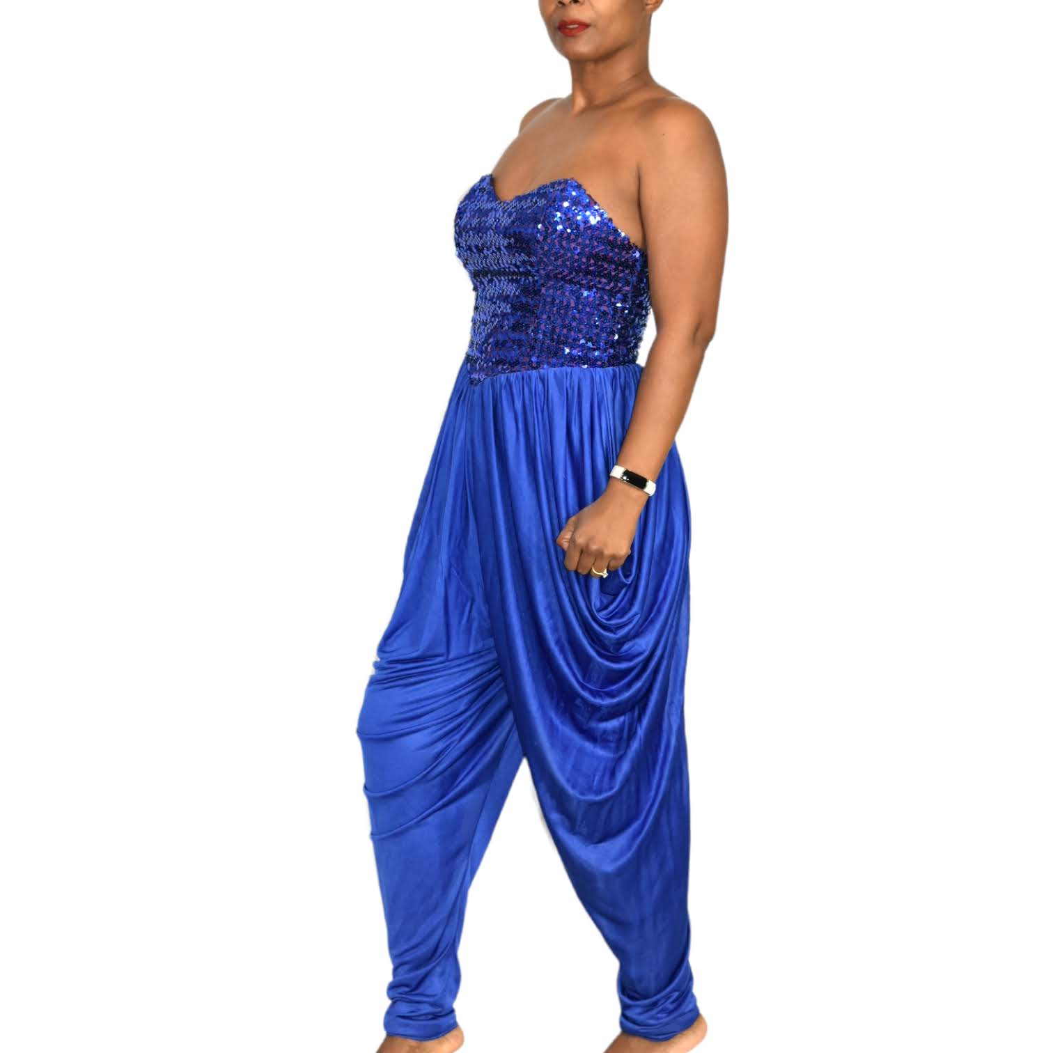 Vintage Sequin Harem Pant Jumpsuit Blue Strapless Sweetheart Draped Size Small