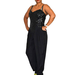 New Leaf Vintage Sequin Jumpsuit Black Sweetheart Tapered Yoke Pleated Pants Pantsuit Size Small