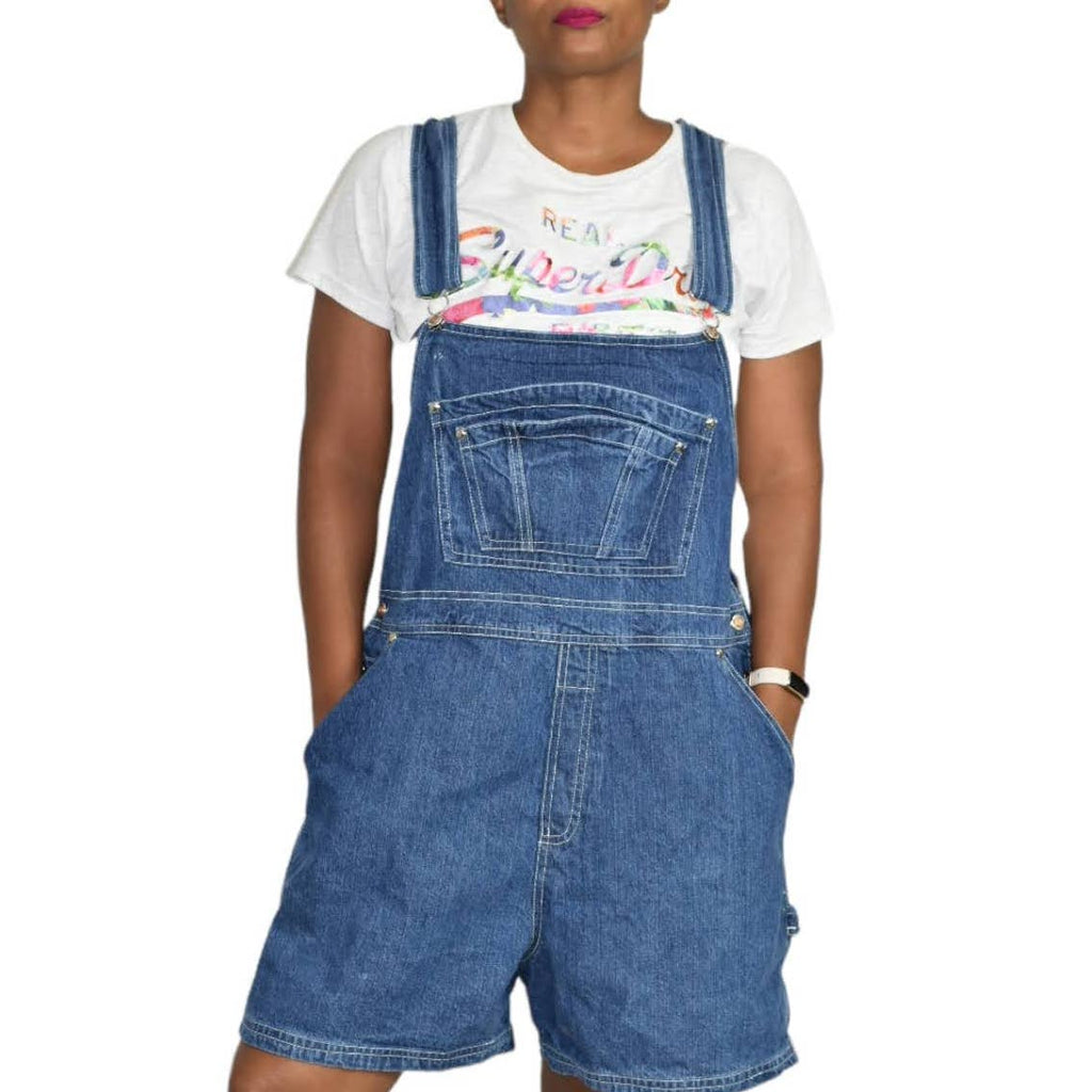 Vintage Bib Overalls Shorts Shortalls Blue Medium Wash Carpenter Plus Size 18W