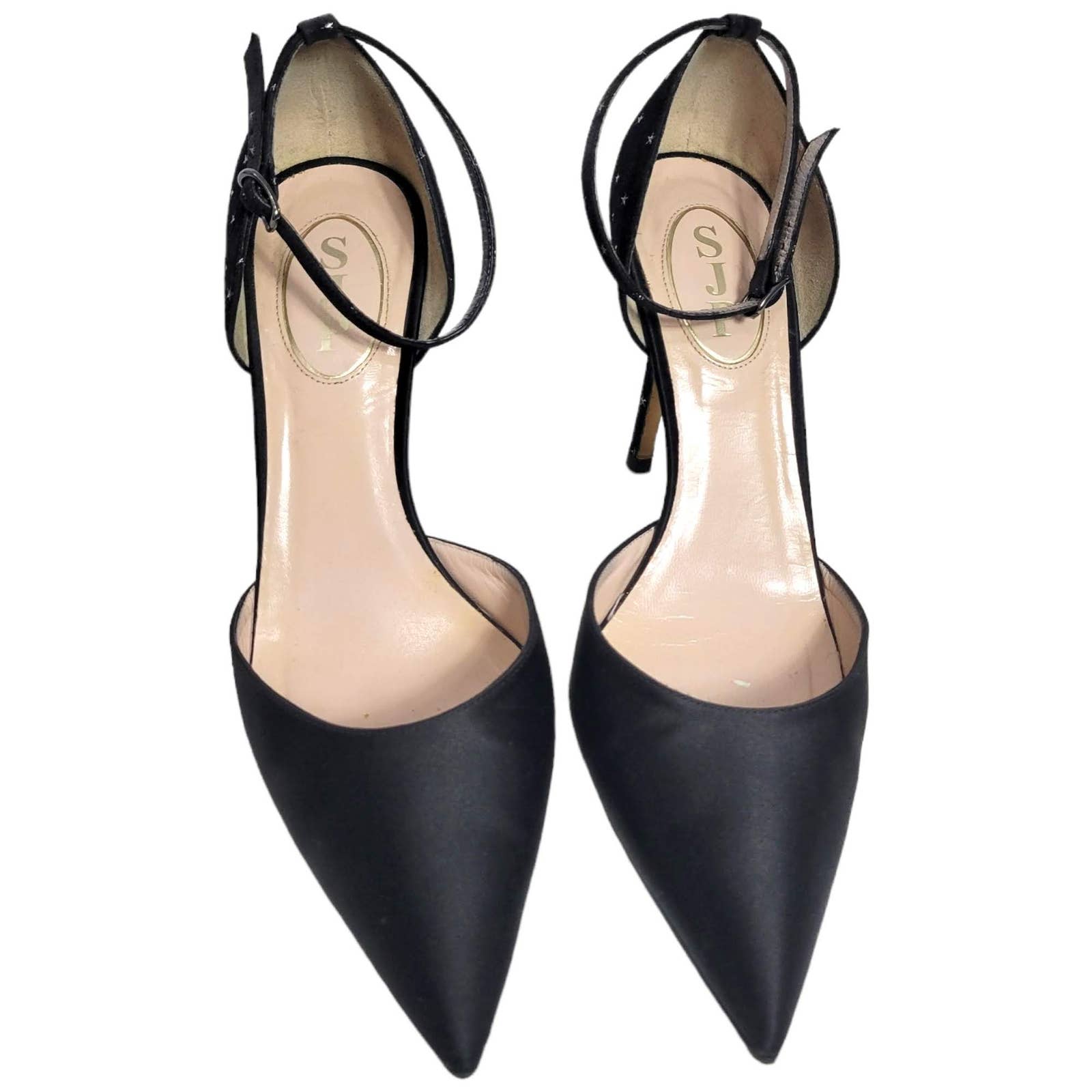 SJP Black Satin Pumps Heels Mixed Media Sarah Jessica Parker Stars Ankle Strap Stiletto Bella Galileo Size 39.5 9.5