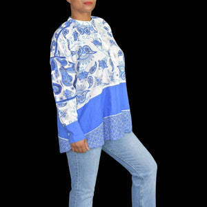 Ros Garden Jackson Top Blue Tunic Shirt Block Paisley Print Long Sleeve Size Small