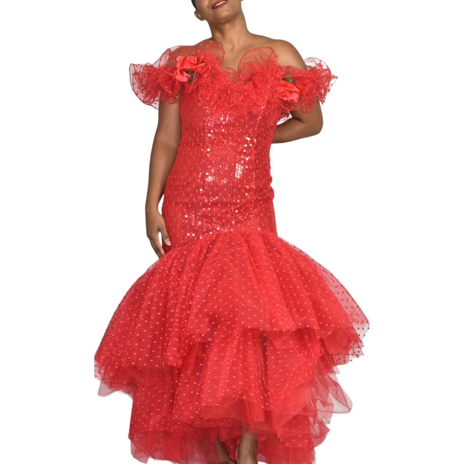 Vintage Sequin Dress Red Mermaid Loralie 90s Prom Tulle Mesh Off the Shoulder Ruffles Size XS 2