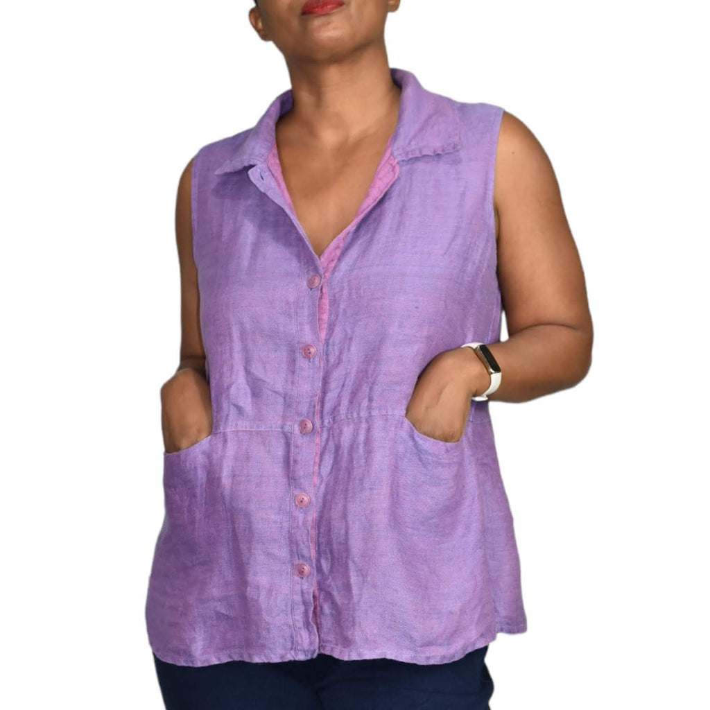 Flax Linen Sleeveless Button Front Shirt Purple Pockets Lagenlook Size Small