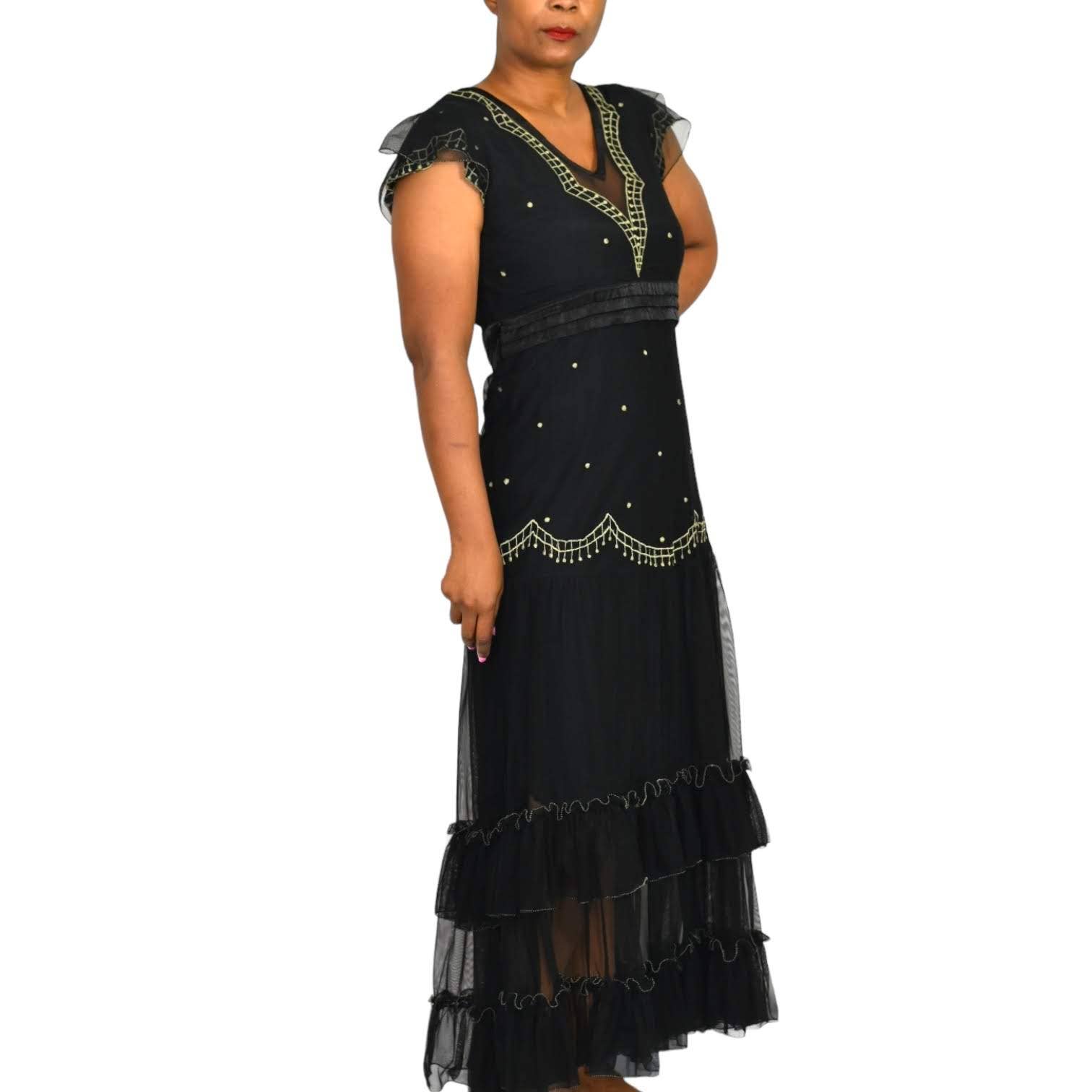 Nataya Maxi Dress Victorian Age of Love Black Embroidery Tiered Sheer Size Small