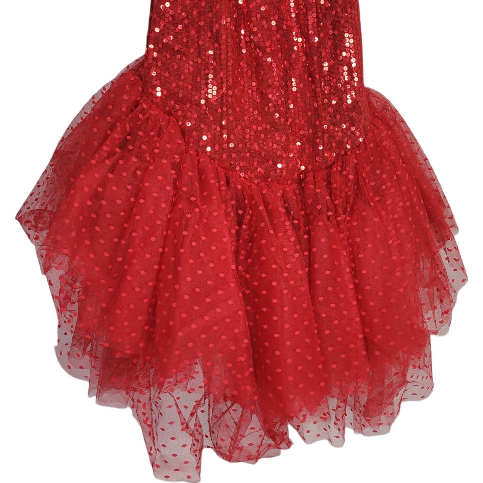 Vintage Sequin Dress Red Mermaid Loralie 90s Prom Tulle Mesh Off the Shoulder Ruffles Size XS 2