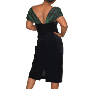 Vintage Laura Ashley Velvet Dress Green Midi Taffeta Off the Shoulder 80s Great Britain Size Medium