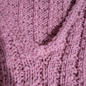 Vintage Pink Sweater Mauve Cottagecore Hand Knit Ribbed V Neck Shoulder Pads Size Small