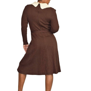 Vintage Ribbed Knit Dress 70s Brown Belted Stretch Contrast Collar Size Medium