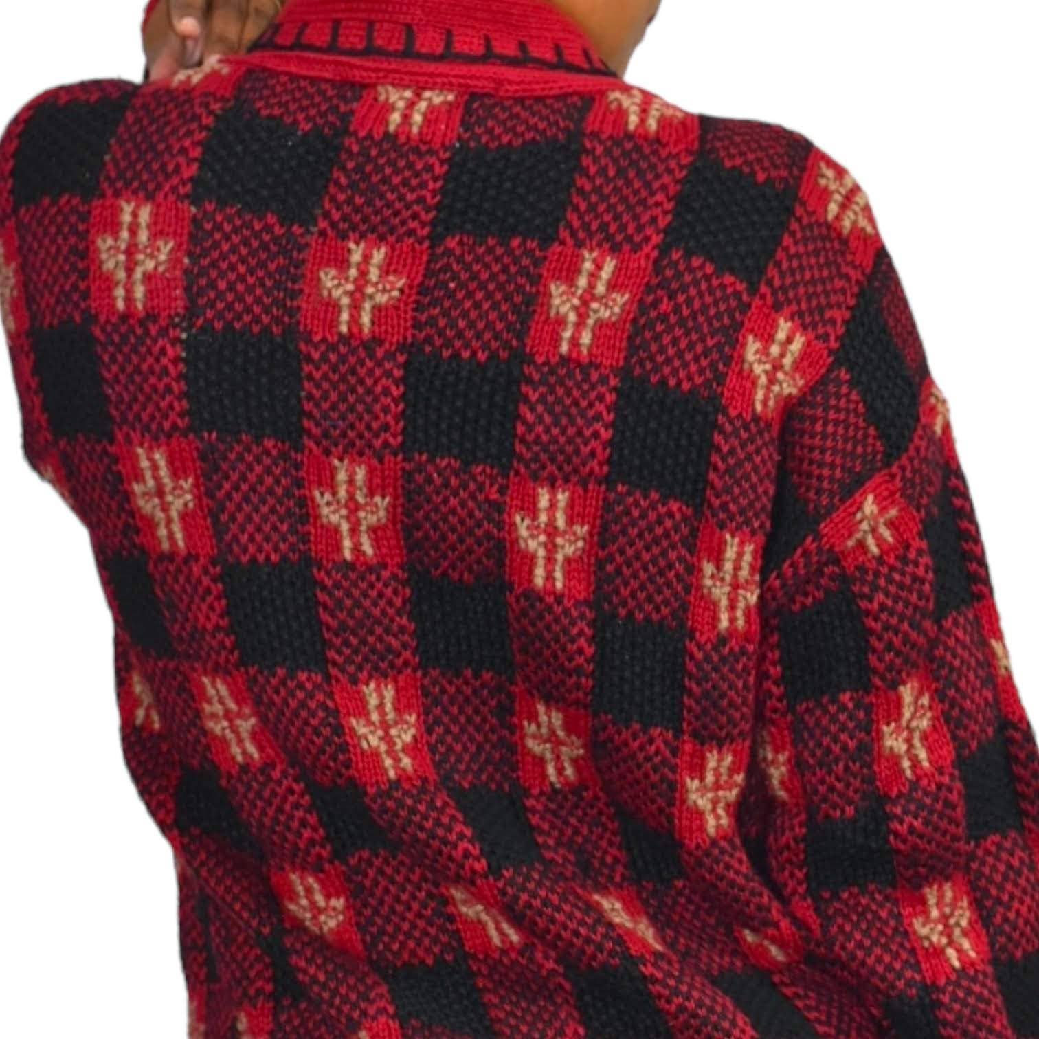 Vintage Ugly Sweater Hand Knit Cardigan Northern Isles Red Chunky Grandma Size Medium