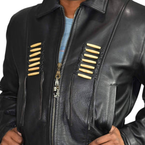 Vintage Force Leather Motorcycle Jacket Beaded Tassel Braided Black Lined Size Medium 10